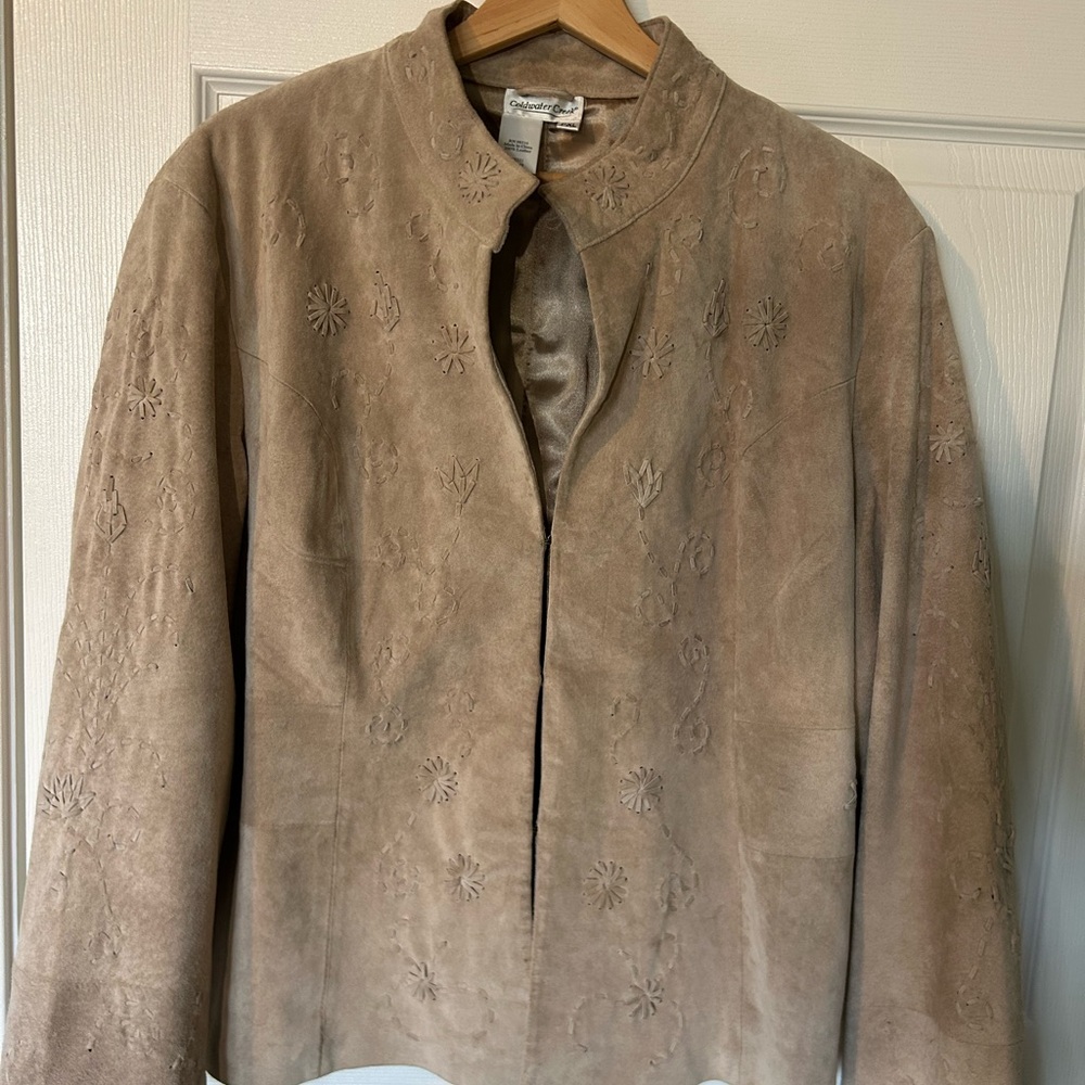 Coldwater Creek Beige Embroidered Suede Leather Blazer Jacket Size PXL